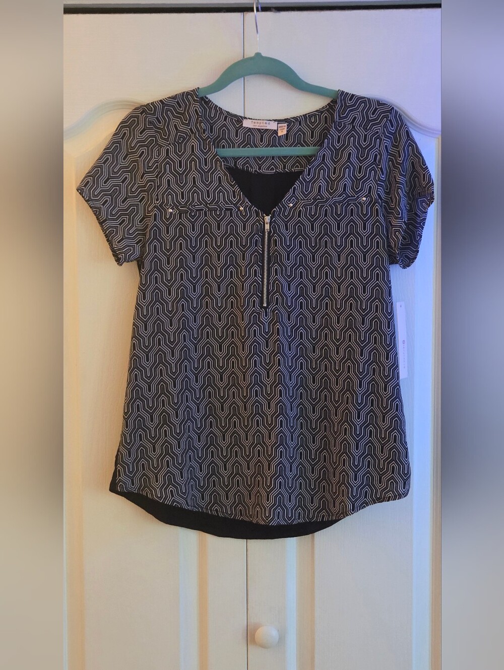 Tempted Black Geometric Zip-Front Blouse